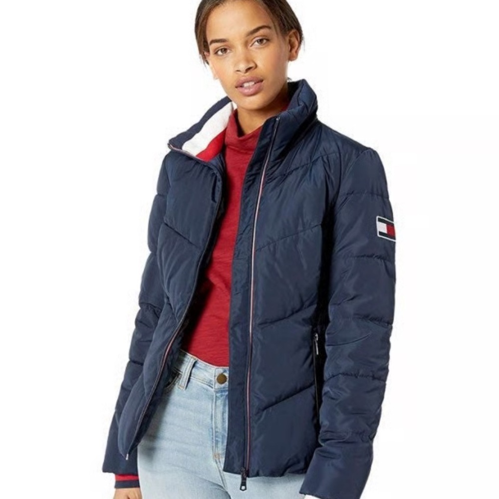 Tommy Hilfiger Blue Puffer Jacket with High Collar